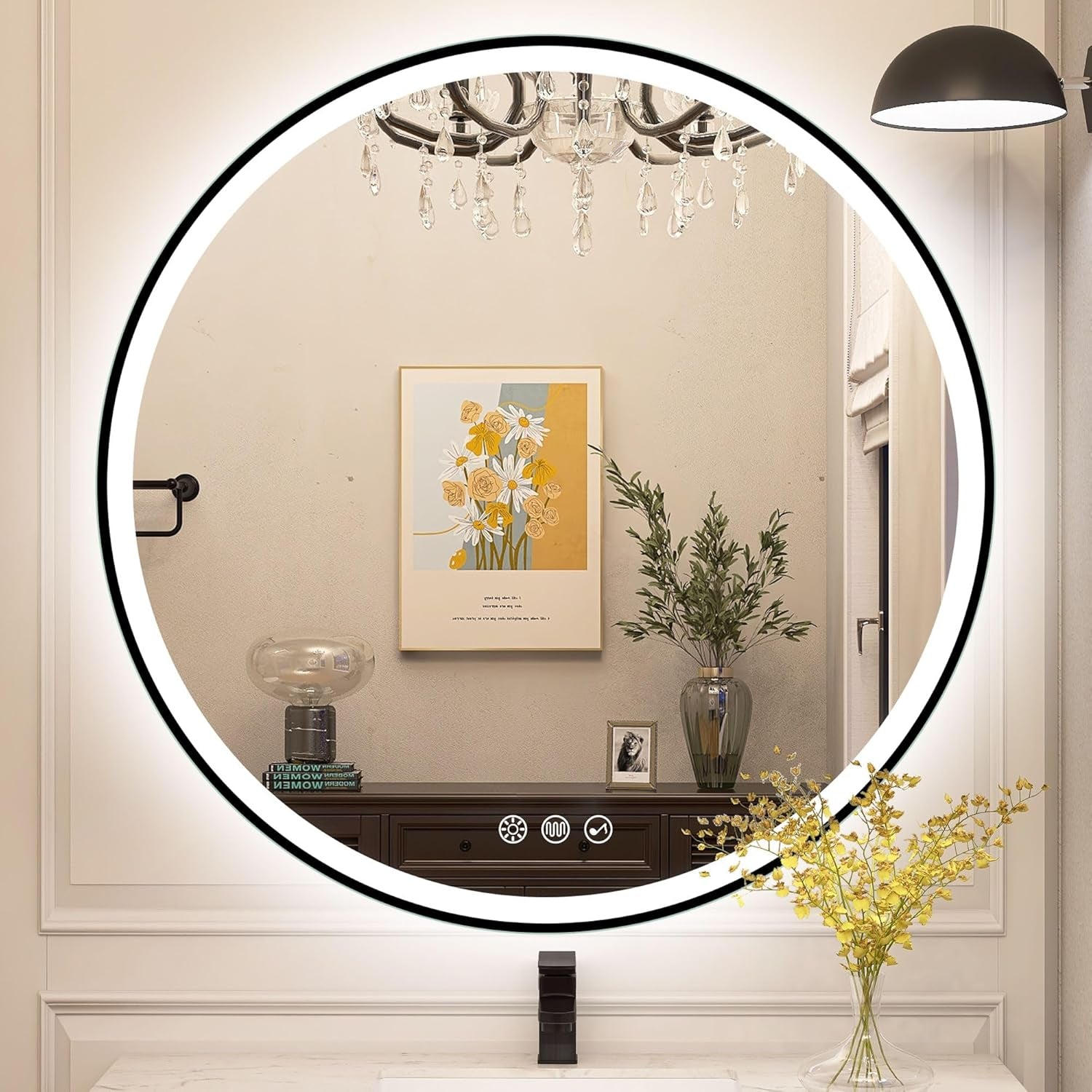 Miroir-Rond-Salle-De-Bain-Avec-Eclairage 80Cm, Bluetooth, Anti-Buée, Miroir-Led-Salle-De-Bain Avec 3 Couleurs Lumière, Dimmable, Fonction Mémoire, IP44 Miroir-Mural, HD Verre Trempé, Noire