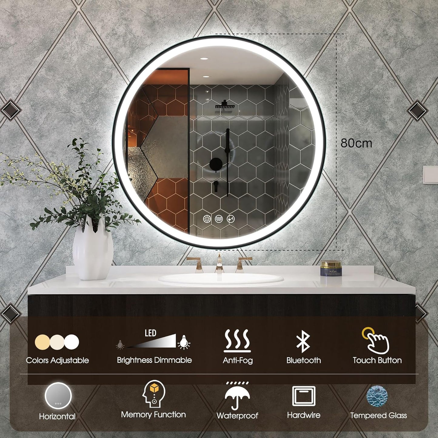 Miroir-Rond-Salle-De-Bain-Avec-Eclairage 80Cm, Bluetooth, Anti-Buée, Miroir-Led-Salle-De-Bain Avec 3 Couleurs Lumière, Dimmable, Fonction Mémoire, IP44 Miroir-Mural, HD Verre Trempé, Noire